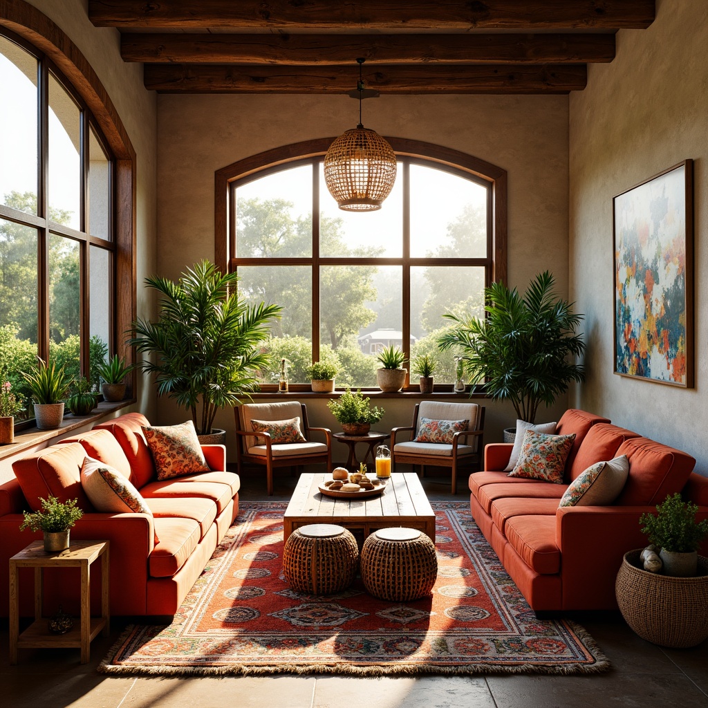 Prompt: Vibrant eclectic sunroom, plush velvet sofas, reclaimed wood coffee tables, colorful Moroccan-inspired rugs, lush greenery, natural stone walls, floor-to-ceiling windows, warm sunny lighting, soft golden hour, shallow depth of field, 1/1 composition, realistic textures, ambient occlusion, wicker armchairs, patterned ottomans, metallic side tables, abstract artwork, vintage decorative accents, tropical plants, woven basket pendant lights, rustic wooden ceiling beams.