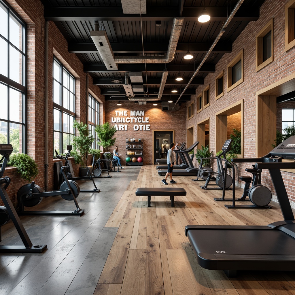 Prompt: Rustic home gym, industrial-style equipment, metal beams, exposed brick walls, polished concrete floors, minimal decor, functional lighting, motivational quotes, weightlifting machines, treadmills, exercise bikes, free weights, kettlebells, medicine balls, resistance bands, mirrored walls, wooden flooring accents, urban loft atmosphere, high ceilings, large windows, natural light, modern industrial architecture, distressed wood textures, metallic tones, warm color palette, shallow depth of field, 1/1 composition, realistic render.