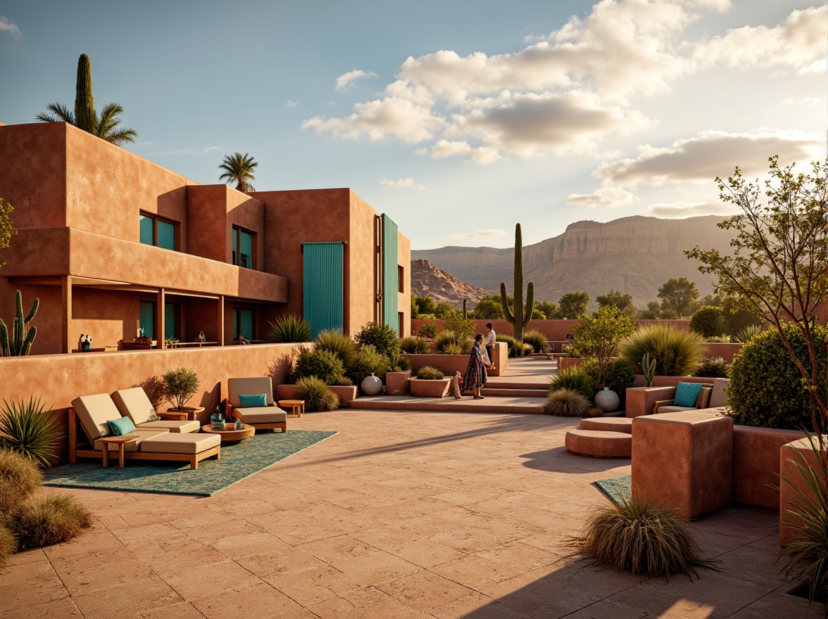 Prompt: \Vibrant adobe dwellings, earthy terracotta walls, turquoise accents, sandy beige floors, woven Native American patterns, bold geometric shapes, rustic wooden furniture, warm golden lighting, soft desert mist, vast open skies, majestic rock formations, cacti silhouettes, warm sunny days, low-lying clouds, atmospheric perspective, cinematic composition, realistic textures, subtle ambient occlusion.\Let me know if this meets your requirements!