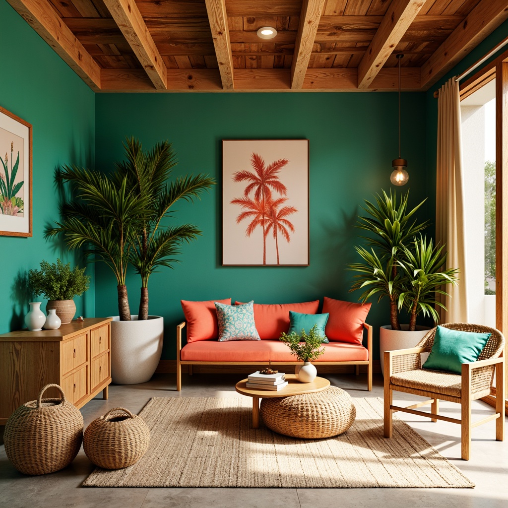 Prompt: Vibrant tropical office, lush green walls, exotic wood accents, bright coral colors, turquoise decorative elements, natural textiles, rattan furniture, palm tree silhouettes, warm sunny lighting, soft beachy ambiance, relaxed atmosphere, coastal vibe, distressed wood finishes, woven fiber rugs, nature-inspired artwork, earthy tones, creamy whites, pops of citrus hues, 1/1 composition, shallow depth of field, realistic textures.