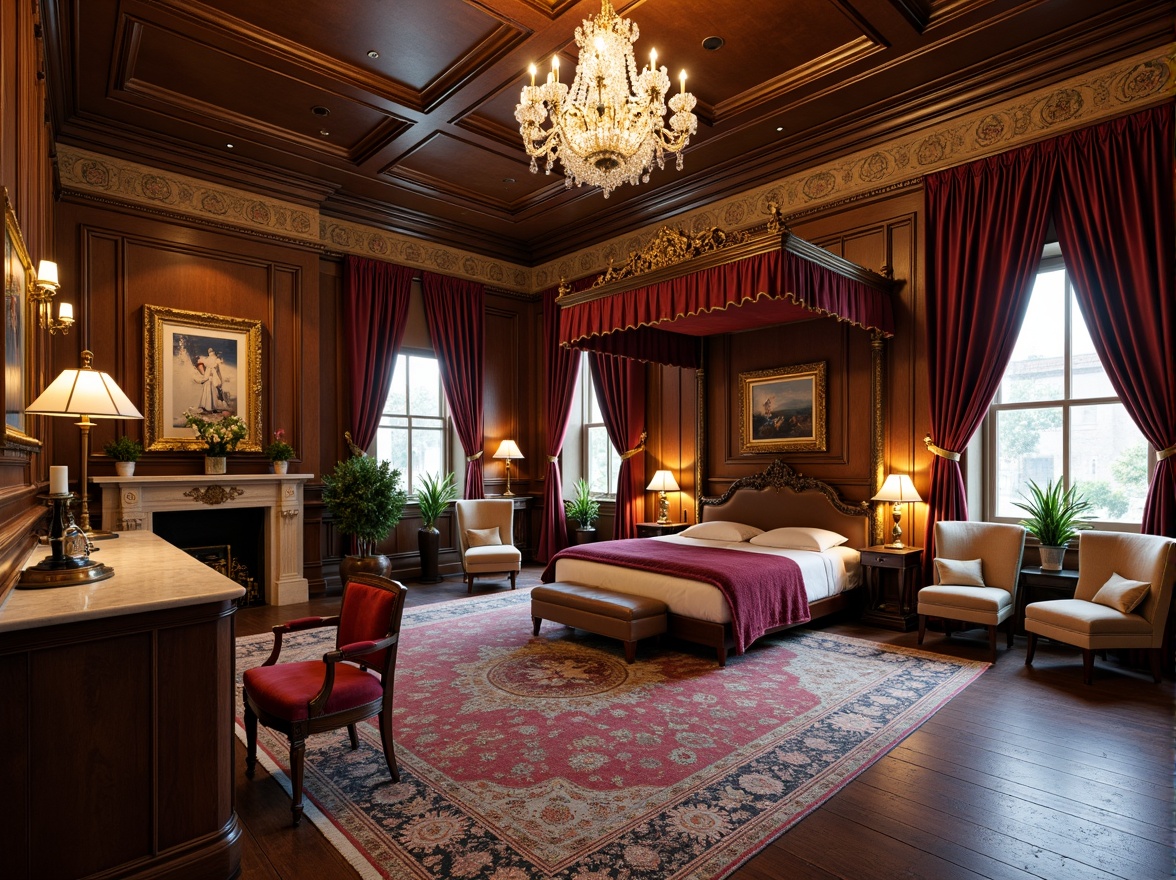 Prompt: Intricate wooden furnishings, lavish velvet upholstery, ornate golden frames, crystal chandeliers, marble countertops, luxurious silk drapes, richly patterned rugs, opulent four-poster beds, antique furniture pieces, vintage decorative accessories, warm soft lighting, shallow depth of field, 1/1 composition, realistic textures, ambient occlusion, cozy intimate atmosphere, elegant formal spaces, sophisticated modern interiors.