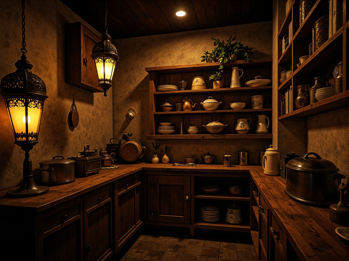 Prompt: Dimly lit pantry, warm golden lighting, ornate metal lanterns, mysterious shadows, intricately carved wooden shelves, rusty old appliances, distressed stone walls, worn wooden countertops, vintage kitchenware, ornamental crockery, mystical ambiance, soft warm glow, high contrast ratio, dramatic chiaroscuro, 1/2 composition, cinematic mood, realistic textures, subtle color grading.