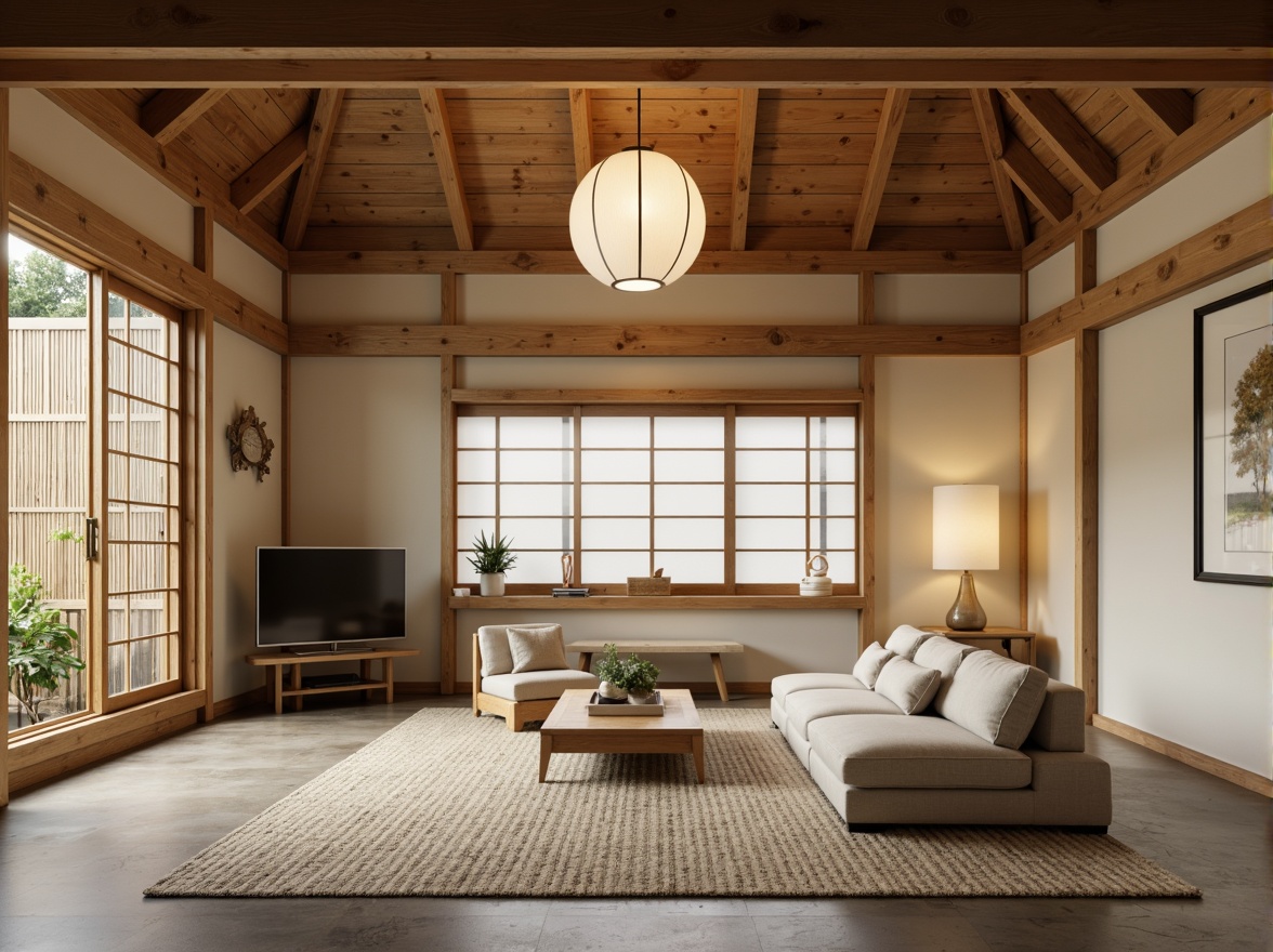 Prompt: Simple great room, Asian-inspired minimalism, low-profile furniture, natural wood tones, paper lanterns, subtle lighting, traditional Shoji screens, sliding doors, rice paper walls, bamboo accents, stone flooring, soft neutral colors, elegant simplicity, shallow depth of field, 1/2 composition, warm ambient lighting, realistic textures, serene atmosphere.