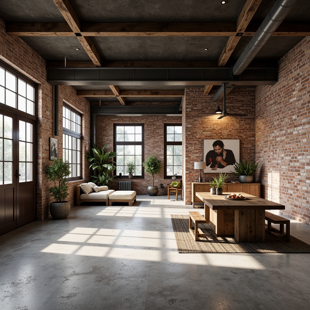 Prompt: Exposed brick walls, rough concrete floors, metal beams, industrial pipes, reclaimed wood accents, distressed finishes, minimalist decor, functional lighting, urban loft atmosphere, high ceilings, open spaces, raw materiality, neutral color palette, subtle shadows, soft indirect light, 1/1 composition, realistic textures, ambient occlusion.