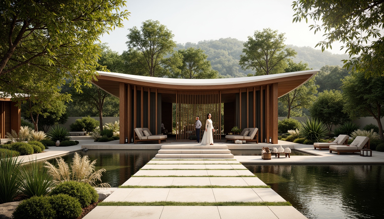 Prompt: Sleek pavilion structure, curved Asian-inspired rooflines, natural wood accents, vibrant cultural patterns, lush greenery surroundings, serene water features, tranquil koi pond, soft lantern lighting, warm beige stone flooring, elegant minimalism, subtle fragrance of incense, gentle breezy atmosphere, 1/1 composition, shallow depth of field, realistic textures, ambient occlusion.