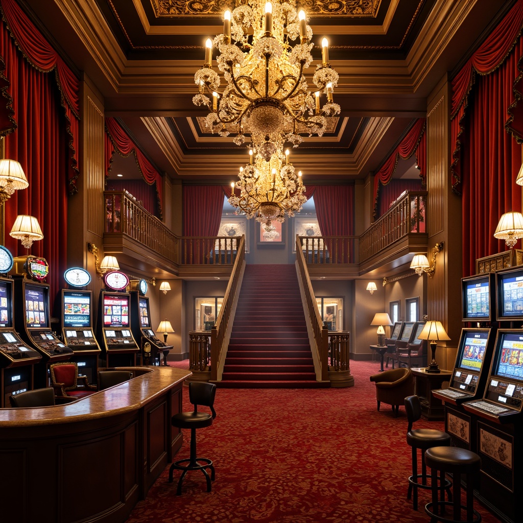 Prompt: Luxurious casino interior, rich velvet drapes, ornate golden chandeliers, intricate moldings, lavish crystal fixtures, plush red carpets, vintage slot machines, antique furnishings, opulent marble countertops, grand staircase, dramatic high ceilings, warm cozy lighting, subtle smoke effects, 1/2 composition, cinematic view, detailed textures, ambient occlusion.