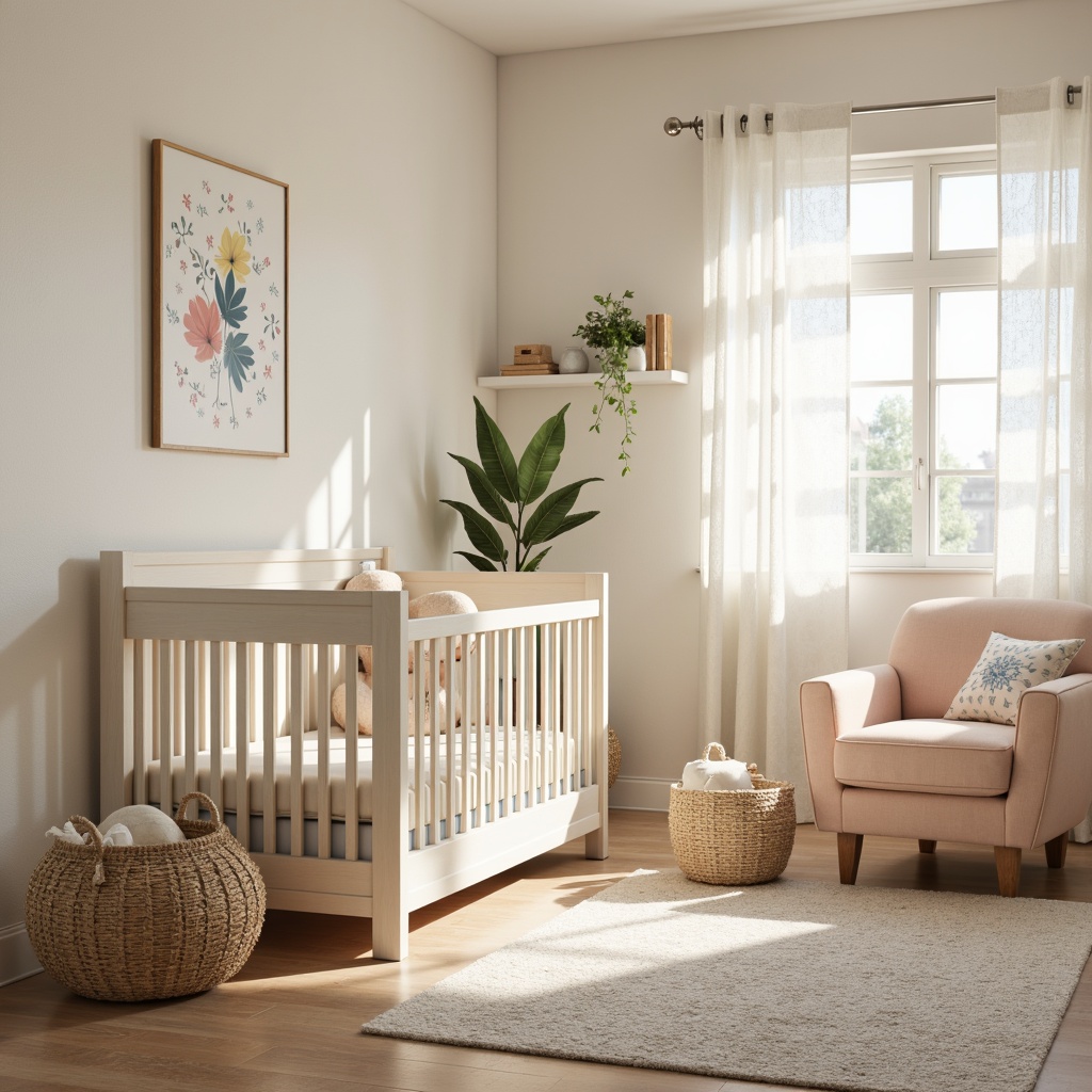 Prompt: Soft pastel nursery, gentle cream walls, warm beige furniture, pale blue accents, soft peach crib, delicate lace curtains, natural wood tones, subtle texture rugs, calming atmosphere, morning sunlight, shallow depth of field, 1/1 composition, realistic rendering, ambient occlusion.