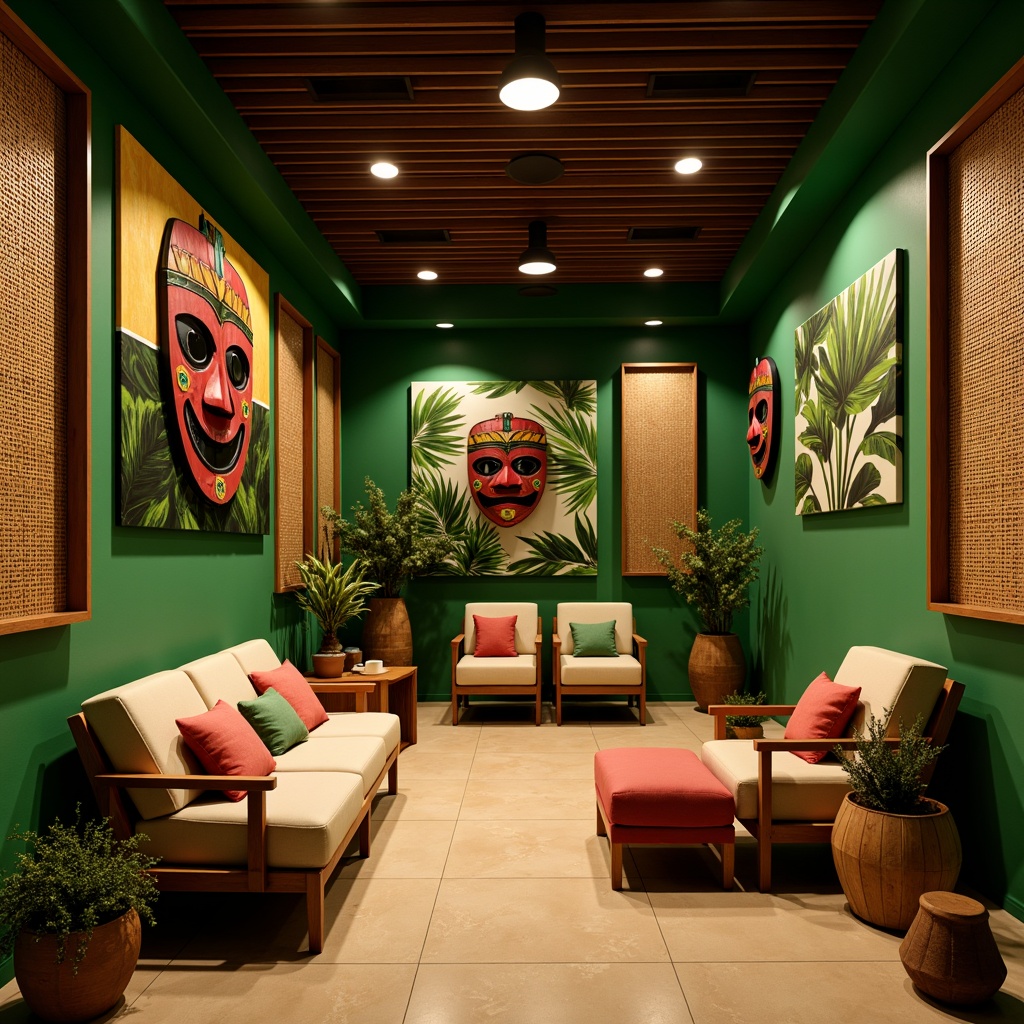 Prompt: Vibrant tropical cinema interior, lush green walls, exotic wooden accents, woven bamboo furniture, colorful tiki masks, natural fiber textiles, warm ambient lighting, soft diffused shadows, acoustic panels with botanical patterns, sound-absorbing materials, minimalist decorative elements, intimate cozy atmosphere, cinematic projection screens, plush velvet seats, rich wood tones, organic shapes, earthy color palette, warm beige floors, subtle aromas of tropical fruits, 1/1 composition, shallow depth of field, realistic textures, ambient occlusion.