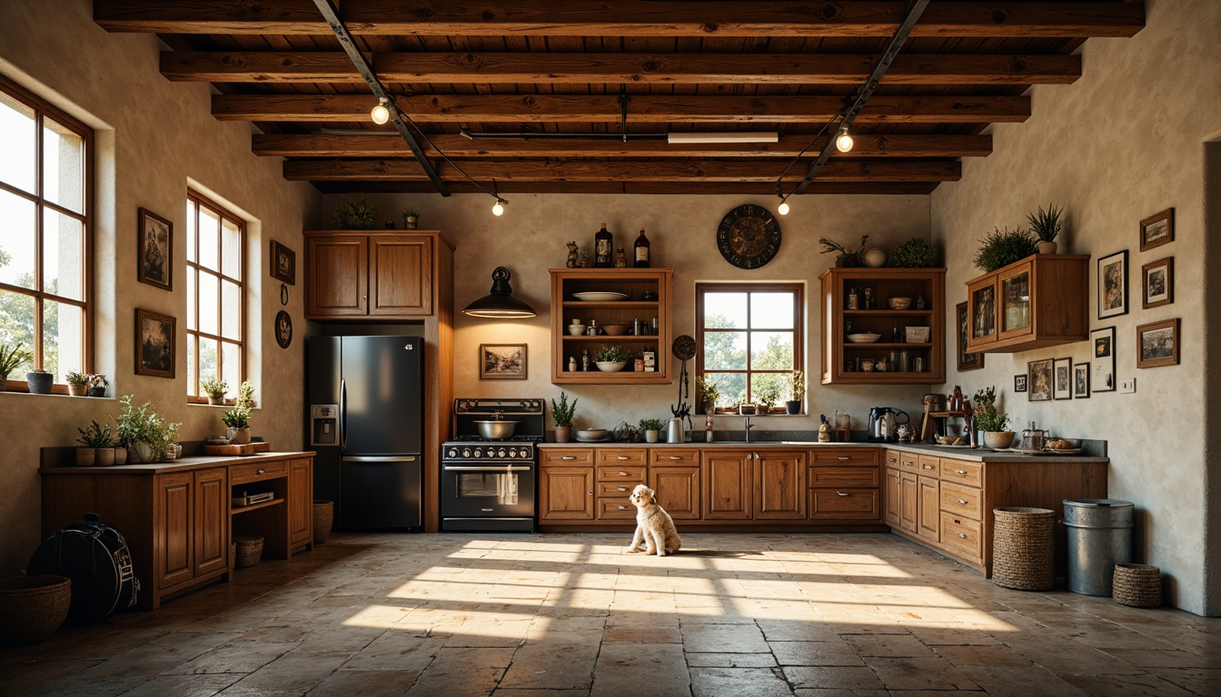 Prompt: Rustic family garage, earthy tones, warm beige walls, wooden accents, metal tools, vintage car models, distressed finishes, natural stone floors, industrial lighting, exposed beams, cozy atmosphere, soft warm glow, shallow depth of field, 1/1 composition, realistic textures, ambient occlusion.