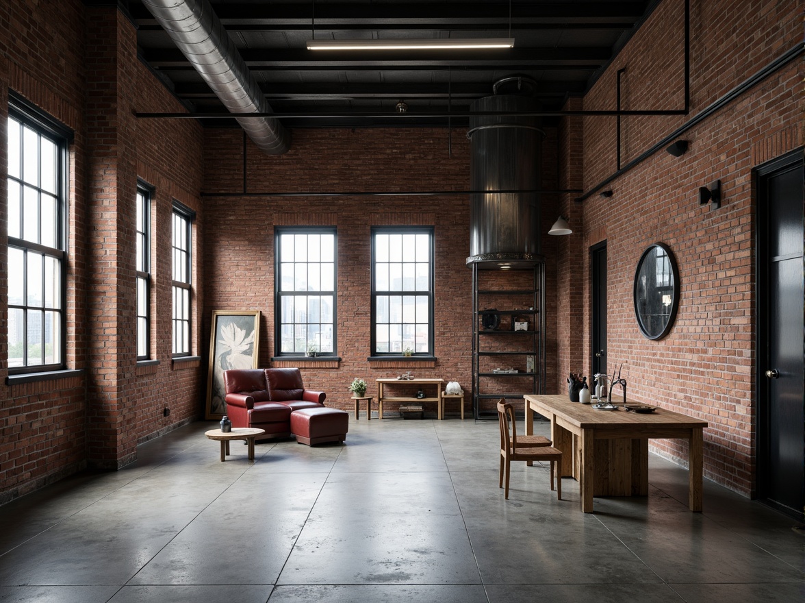 Prompt: Exposed brick walls, metal beams, concrete floors, industrial windows, steel doors, mechanical equipment, functional pipes, minimalist lighting, raw wood accents, distressed finishes, utilitarian furniture, urban landscape, overcast sky, dramatic shadows, high contrast, bold colors, abstract textures, geometric patterns, 3/4 composition, low-angle shot, gritty atmosphere.