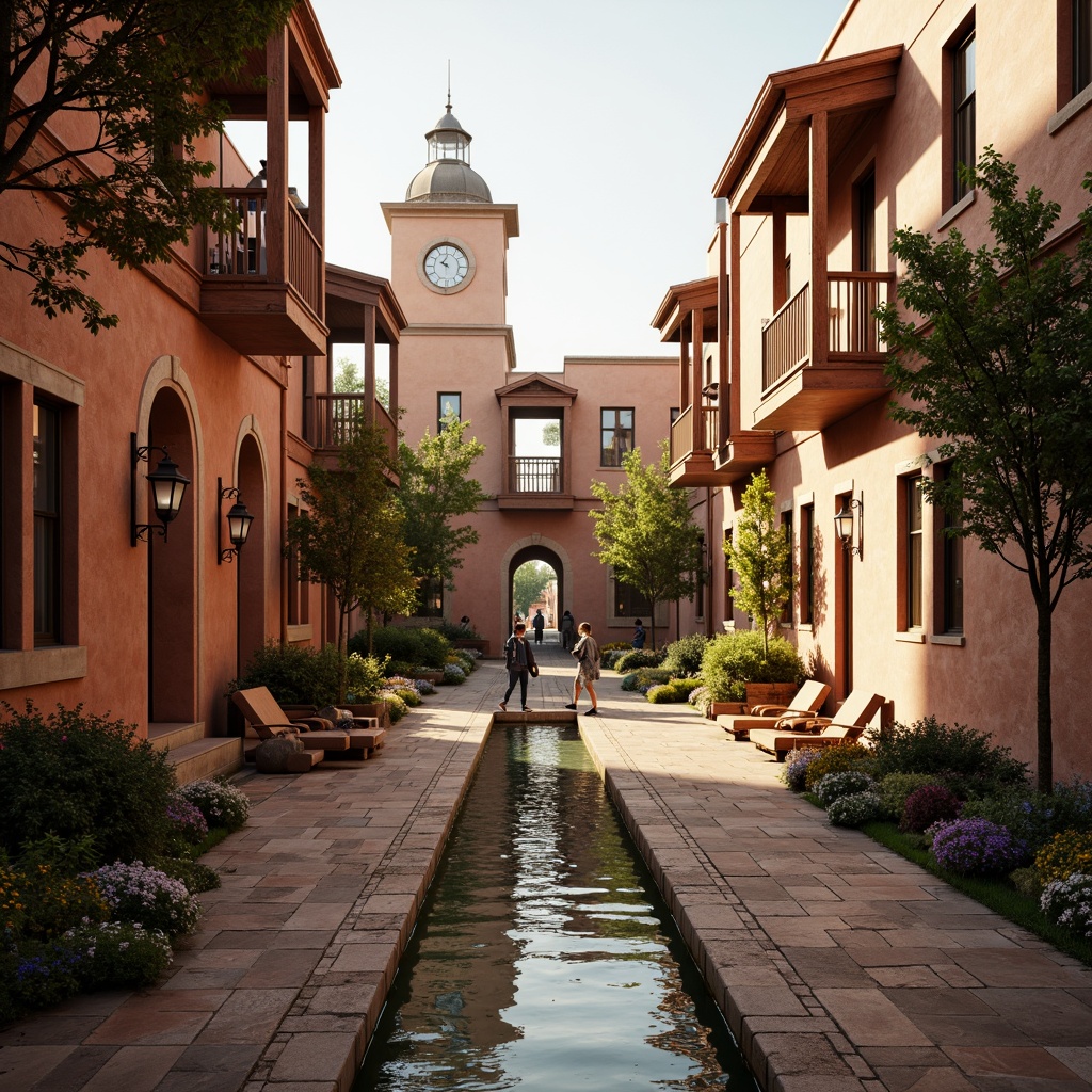 Prompt: Warm terracotta buildings, ornate stone carvings, vintage lanterns, lush greenery, blooming flowers, tranquil water features, meandering walkways, rustic wooden benches, distressed brick walls, classic clock towers, elegant archways, soft warm lighting, subtle texture overlay, 1/2 composition, atmospheric perspective, harmonious color palette, earthy tones, muted pastels, rich jewel-toned accents.