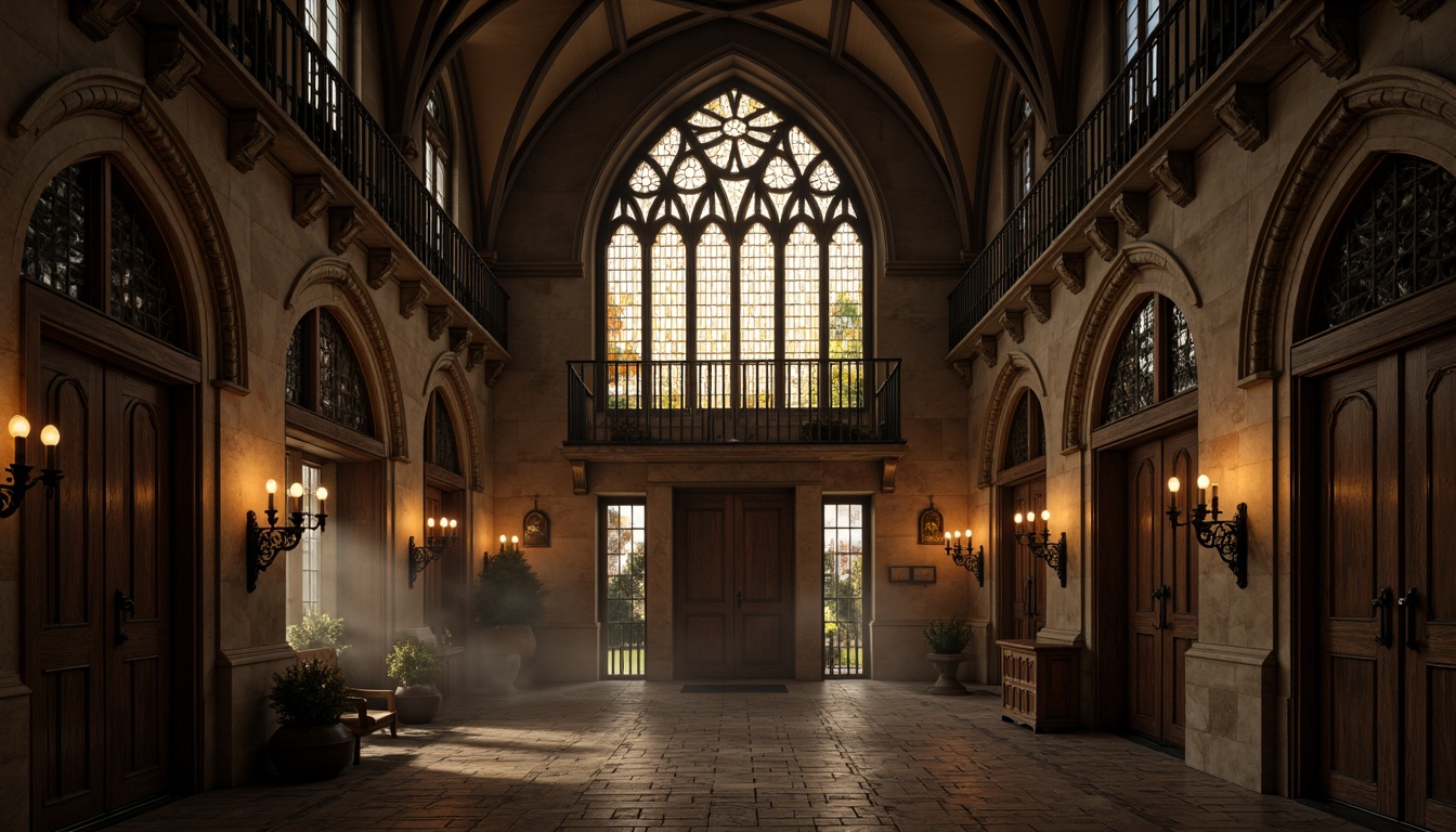 Prompt: Grandiose entrance archway, ornate stone carvings, pointed ribbed vaults, majestic stained glass windows, intricate tracery patterns, dramatic candle lighting, mysterious ambient shadows, rustic wooden doors, medieval-inspired ironwork, lavish floral motifs, eerie fog effects, 1/1 composition, warm golden lighting, atmospheric mist, realistic stone textures.