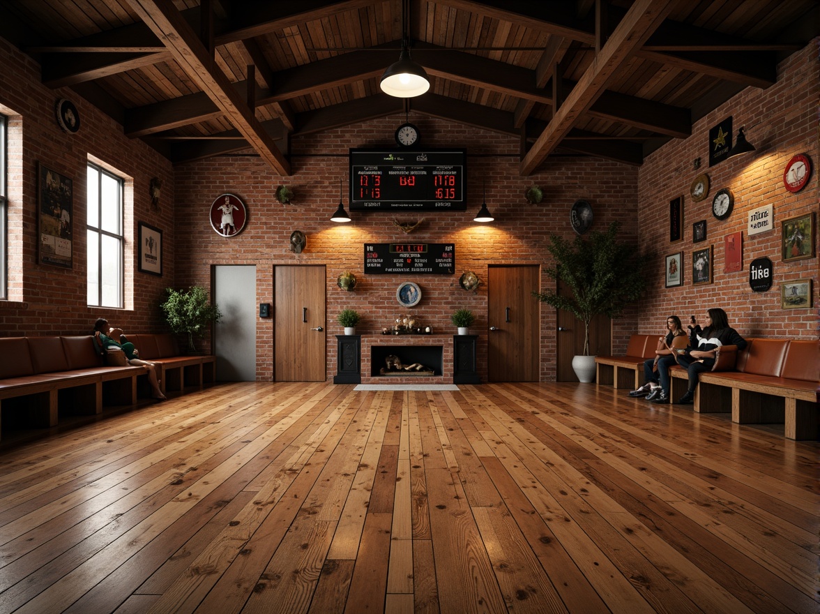 Prompt: Rustic wooden flooring, distressed wood planks, warm earthy tones, natural textures, vintage athletic equipment, classic scoreboard, exposed brick walls, industrial metal beams, reclaimed wood accents, rich leather benches, nostalgic sports memorabilia, warm overhead lighting, shallow depth of field, 2/3 composition, realistic reflections, ambient occlusion.