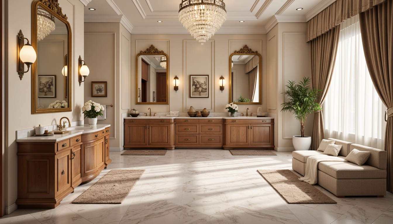 Prompt: Luxurious powder room, ornate mirrors, crystal chandeliers, soft velvet drapes, elegant marble countertops, porcelain sinks, gold-plated faucets, plush area rugs, delicate floral patterns, feminine accents, warm beige walls, subtle LED lighting, minimal decor, spacious layout, floor-to-ceiling cabinets, designer vanities, premium materials, sophisticated ambiance.