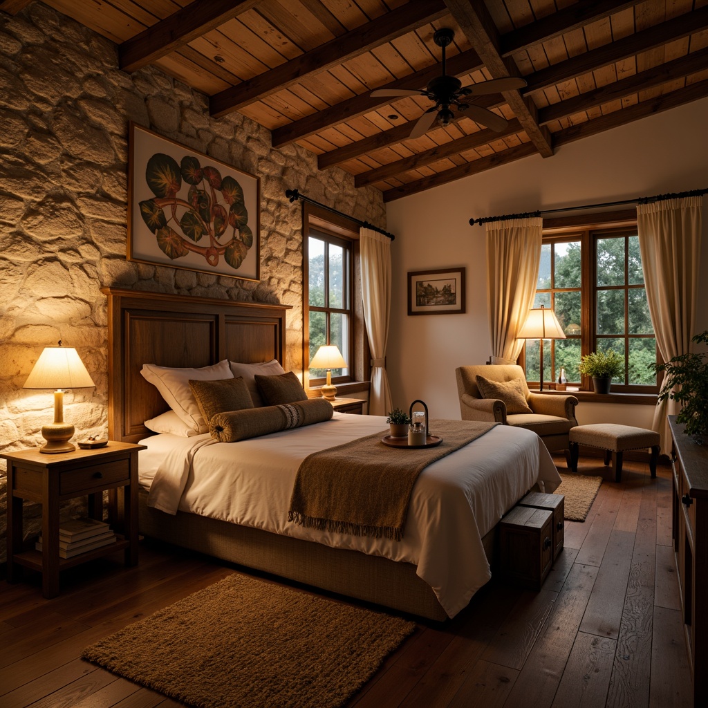 Prompt: Rustic bedroom ambiance, warm candlelight, soft lantern glow, distressed wood furniture, vintage metal fixtures, earthy color palette, natural stone walls, woven textiles, plush area rugs, cozy reading nook, wooden beam ceiling, exposed brick accents, dimmable floor lamps, table lamps with burlap shades, natural linen drapes, warm beige tones, relaxing atmosphere, intimate setting, soft warm lighting, shallow depth of field, 2/3 composition, realistic textures.