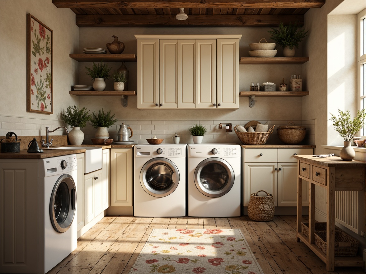 Prompt: Rustic laundry room, distressed wooden floors, creamy white cabinets, vintage washing machines, antique irons, woven baskets, natural linen fabrics, earthy color palette, soft warm lighting, shallow depth of field, 1/1 composition, cozy atmosphere, traditional decorative accents, ornate metal fixtures, classic ceramic tiles, warm beige walls, floral patterned rugs.