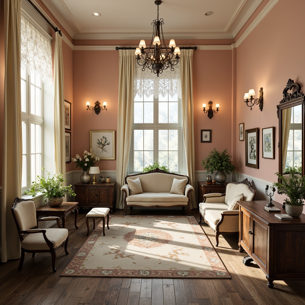 Prompt: Soft peach walls, distressed wood furniture, vintage metal accents, lace curtains, floral patterns, pastel colors, creamy whites, warm beige tones, soft sage greens, muted blues, rustic wooden floors, natural stone textures, plush area rugs, ornate mirrors, antique medical equipment, elegant chandeliers, warm ambient lighting, shallow depth of field, 1/1 composition, realistic textures, subtle color grading.