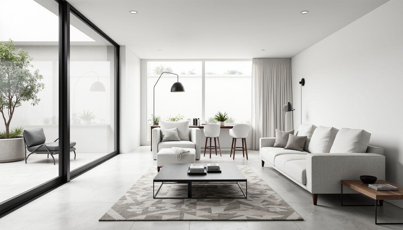 Prompt: Monochromatic living room, low-profile sofa, sleek coffee table, minimal ornamentation, floor-to-ceiling windows, natural light, creamy white walls, polished concrete floors, geometric-shaped rug, industrial-chic lighting fixtures, airy atmosphere, subtle textures, 1/1 composition, softbox lighting, realistic materials.