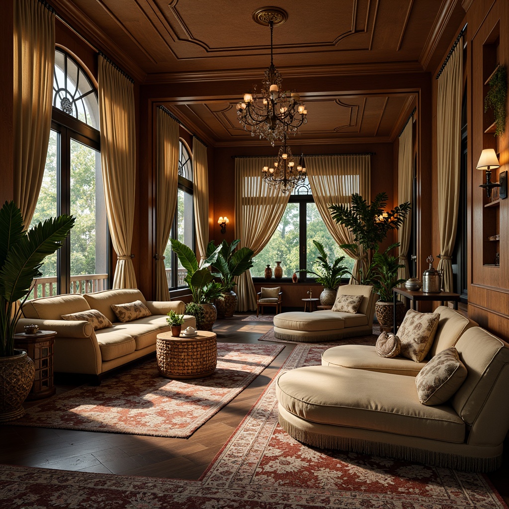 Prompt: Richly patterned velvet fabrics, ornate wooden furniture, intricate metalwork, soft warm lighting, lush greenery, tropical plants, flowing drapery, curved lines, organic shapes, elegant archways, stately columns, opulent chandeliers, lavish textiles, plush cushions, luxurious rugs, warm beige colors, muted gold accents, vintage accessories, antique vases, ornate mirrors, whimsical illustrations, romantic ambiance, 1/2 composition, intimate close-up shots, subtle depth of field.