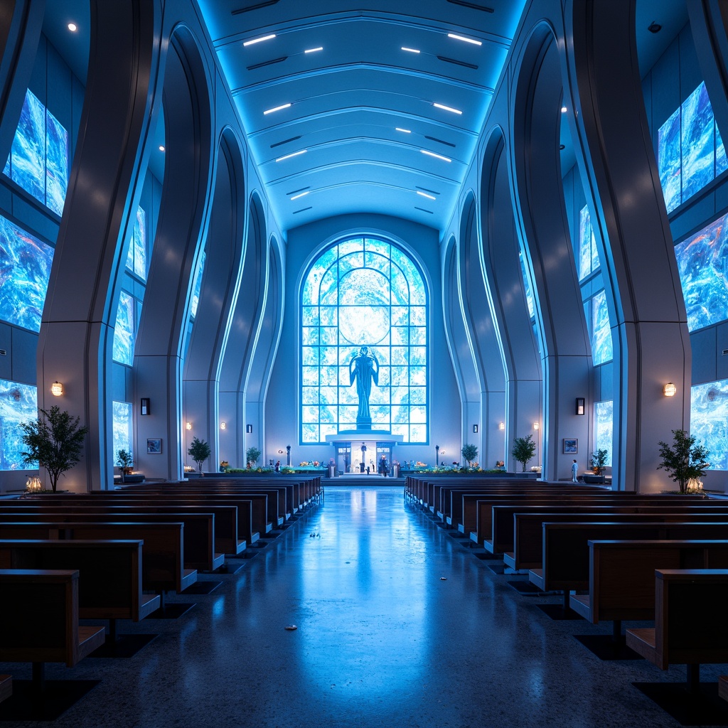 Prompt: Futuristic church interior, sleek metallic columns, glowing neon accents, holographic stained glass windows, iridescent tile flooring, sweeping curved lines, minimalist pews, ambient LED lighting, shallow depth of field, 1/1 composition, symmetrical perspective, vibrant electric blue hues, soft misty atmosphere, ethereal ambiance, innovative acoustic design, reverberating sound effects, sacred futuristic relics, holographic projections, immersive worship experience.