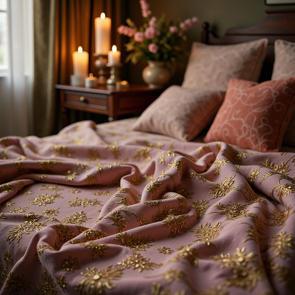 Prompt: Luxurious velvet fabrics, intricately patterned brocades, ornate gold thread embroidery, soft pastel hues, delicate lace trims, opulent silk drapes, richly textured jacquards, lavish satin finishes, elegant baroque motifs, whimsical floral arrangements, dramatic folds and draping, warm candlelight illumination, 1/1 composition, shallow depth of field, realistic fabric textures, ambient occlusion.