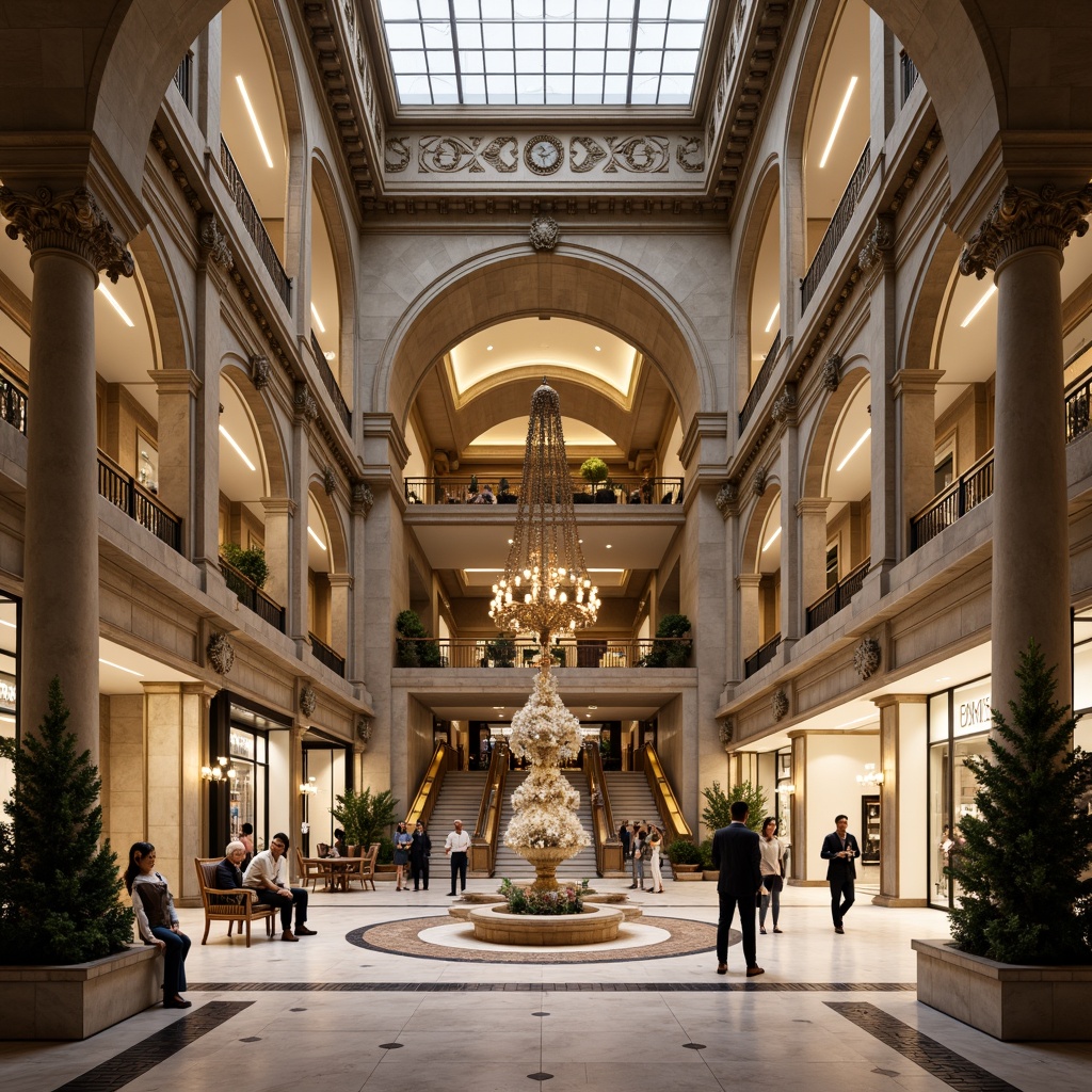 Prompt: Grand archways, ornate columns, Renaissance-style fa\u00e7ade, luxurious shopping center, high ceilings, marble floors, intricate stone carvings, golden ornaments, grandiose staircases, elegant chandeliers, soft warm lighting, shallow depth of field, 3/4 composition, panoramic view, realistic textures, ambient occlusion, bustling atmosphere, upscale retail stores, refined customer lounges, ornate fountain features, lush greenery.