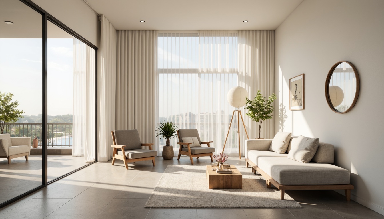 Prompt: Minimalist living room, white walls, polished concrete floors, sleek low-profile furniture, subtle texture contrasts, natural light pouring in, floor-to-ceiling windows, sliding glass doors, sheer curtains, soft warm ambiance, gentle shadows, 1/1 composition, shallow depth of field, realistic reflections, ambient occlusion, morning sunlight, warm beige tones, calm atmosphere.