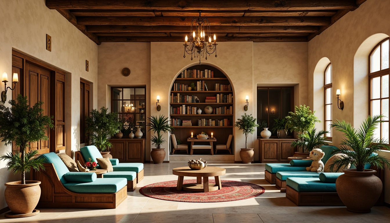 Prompt: Warm beige walls, rustic wooden furniture, ornate tile work, vibrant turquoise accents, plush velvet fabrics, elegant archways, grand chandeliers, natural stone flooring, lush greenery, earthy terracotta pots, distressed wood beams, soft warm lighting, 1/1 composition, intimate ambiance, cozy reading nooks, ambient occlusion.