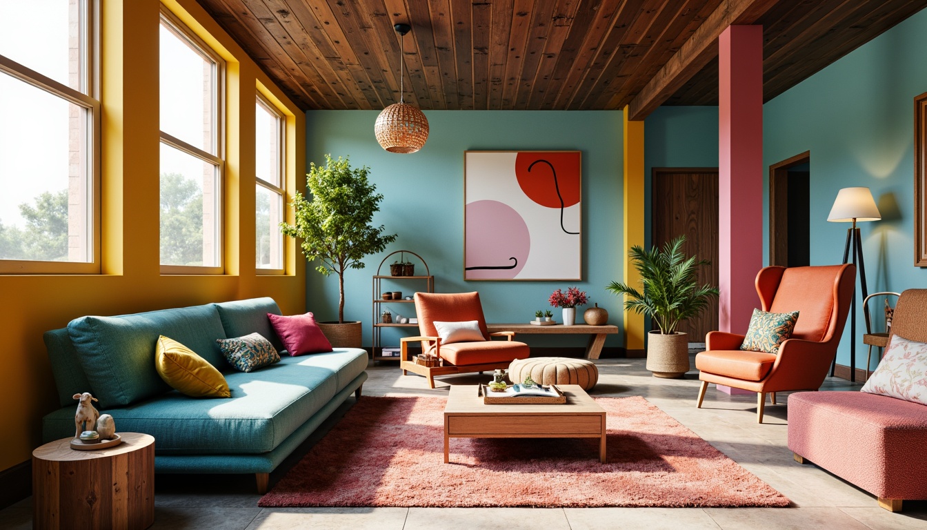 Prompt: Vibrant modern interior, eclectic furniture, bold color scheme, contrasting textures, metallic accents, natural wood tones, abstract artwork, statement lighting fixtures, sleek lines, geometric patterns, bright pastel hues, soft warm neutrals, dramatic shadows, high-contrast ratio, 2.5D composition, realistic renderings, ambient occlusion.