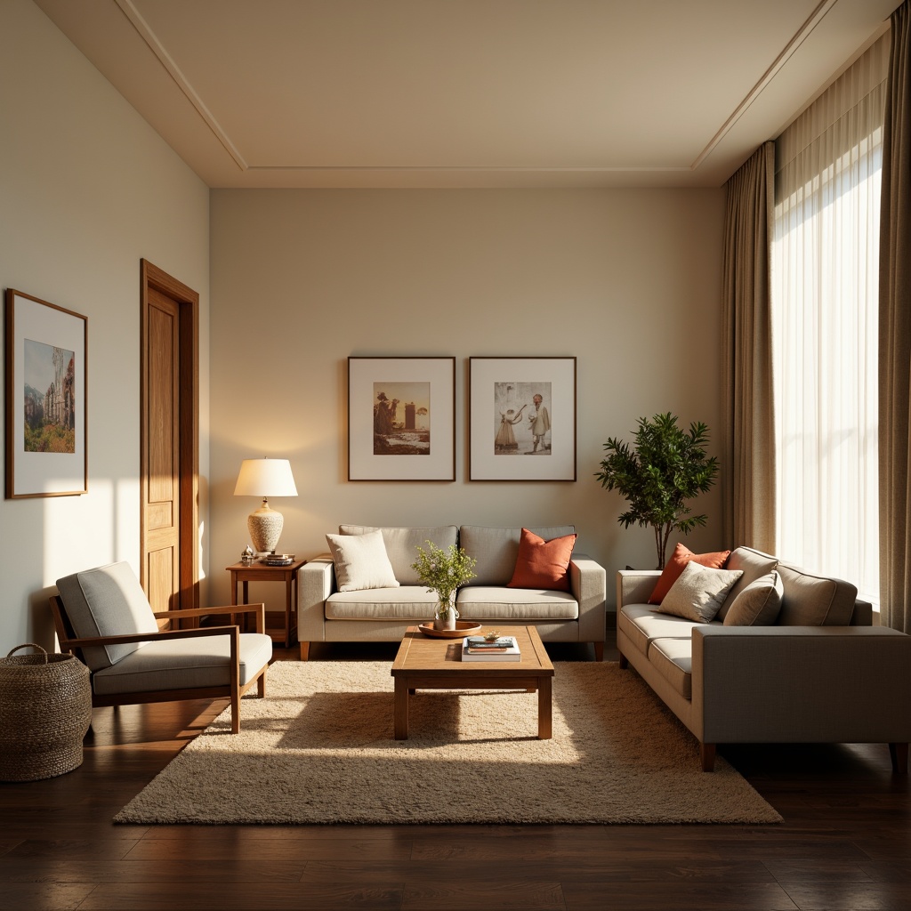 Prompt: Cozy living room, plush sofas, velvet armchairs, wooden coffee tables, minimalist decor, soft warm lighting, creamy beige walls, dark hardwood floors, modern sectional couches, oversized pillows, woven baskets, natural fiber rugs, elegant floor lamps, ambient textures, 1/1 composition, shallow depth of field, realistic reflections.