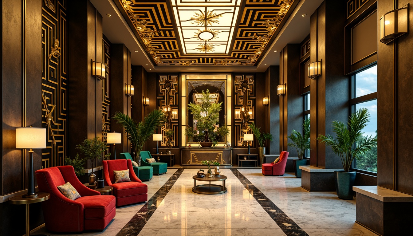 Prompt: Luxurious Art Deco interior, metallic accents, ornate geometries, bold black outlines, lavish gold leafing, rich jewel-toned hues, emerald green, sapphire blue, ruby red, opulent marble surfaces, polished chrome fixtures, vintage luxury, sophisticated ambiance, warm golden lighting, shallow depth of field, 2/3 composition, symmetrical framing, ornate patterns, luxurious fabrics, velvet textures.