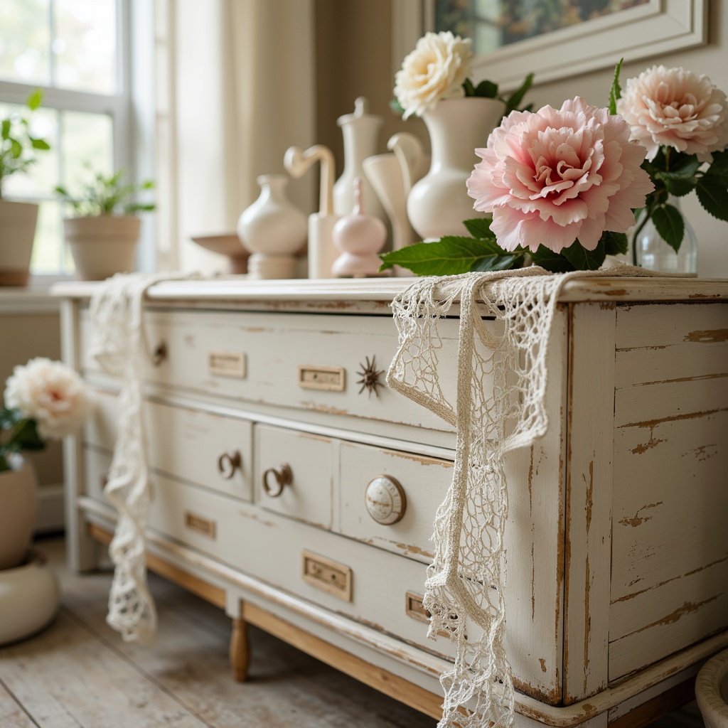 Prompt: Distressed vintage furniture, soft pastel hues, delicate lace trimmings, romantic florals, muted whites, creamy ivories, warm beige tones, rustic wood textures, subtle sparkle accents, gentle morning light, shallow depth of field, 1/1 composition, dreamy atmosphere, realistic wear and tear, ambient occlusion.