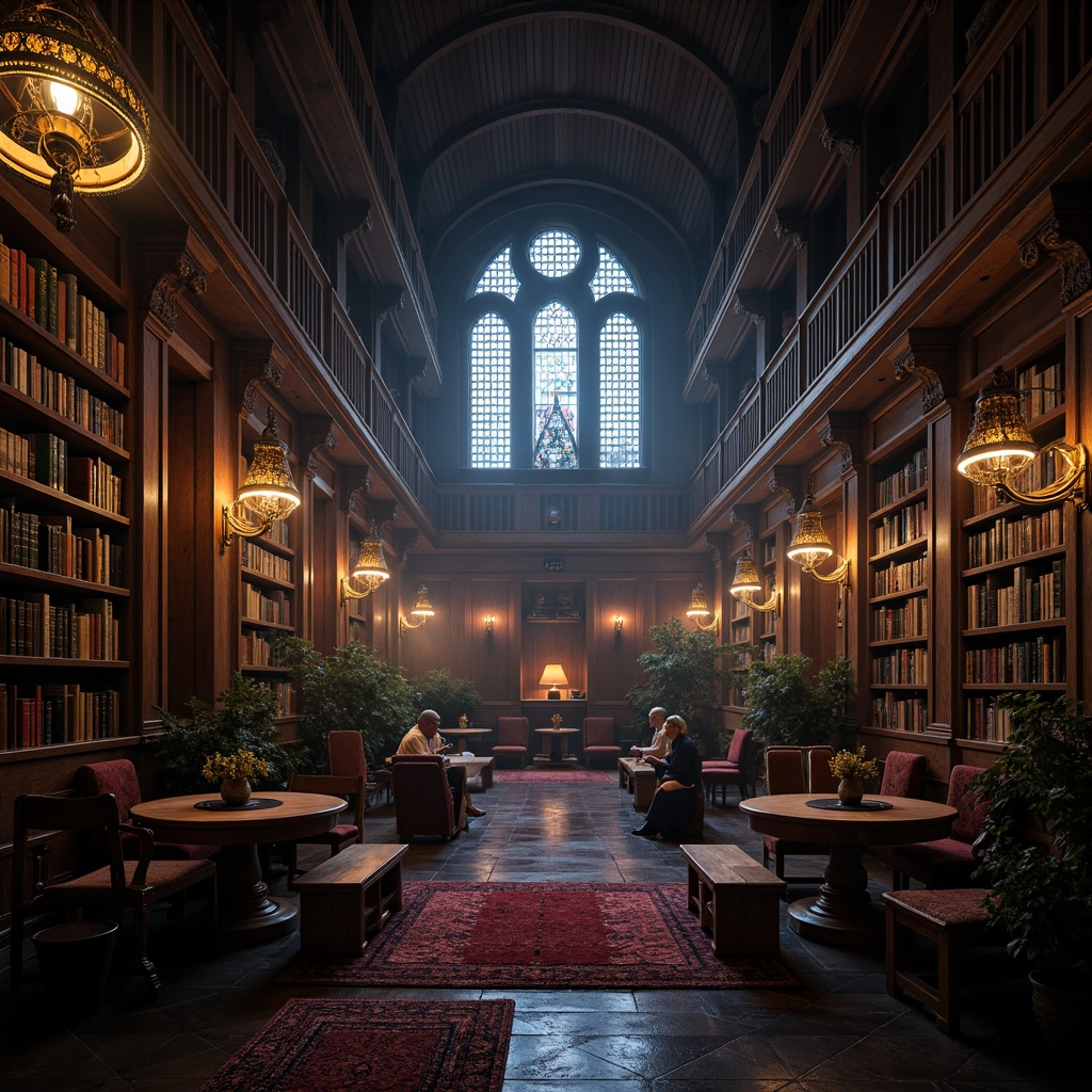 Prompt: Dark academia, mysterious ambiance, rich wood tones, ornate stone carvings, grand chandeliers, stained glass windows, vaulted ceilings, intricate ironwork, luxurious velvet fabrics, muted earthy colors, deep crimson reds, midnight blues, warm golden lighting, dramatic shadows, atmospheric fog, high contrast ratio, cinematic composition, ornate details, realistic textures.