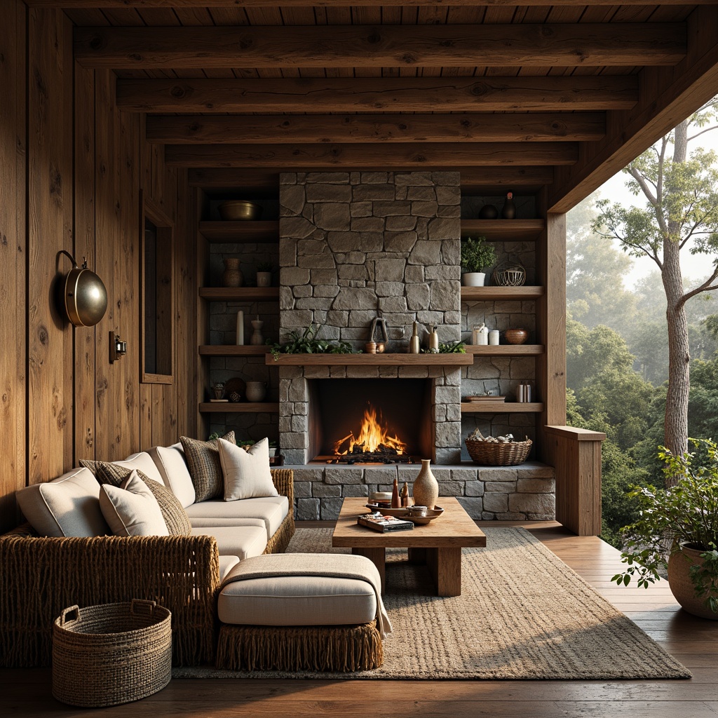 Prompt: Rustic wooden cabin, natural stone walls, earthy tones, reclaimed wood accents, vintage metal decorations, distressed finishes, cozy fireplace, plush textiles, warm lighting, comfortable furnishings, organic shapes, natural fabrics, woven baskets, potted plants, forest surroundings, misty morning, soft focus, shallow depth of field, 1/1 composition, realistic textures.