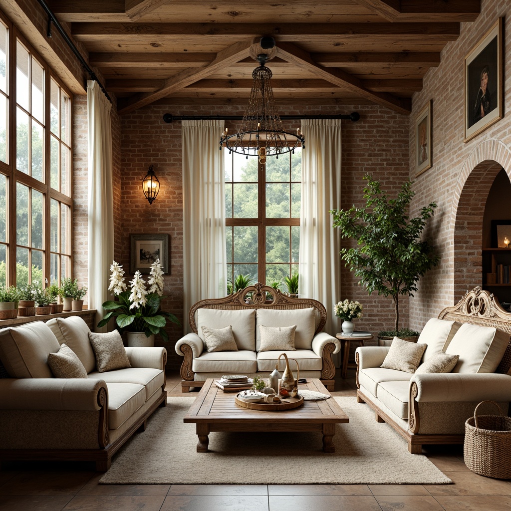 Prompt: Rustic wooden furniture, distressed finishes, soft linen upholstery, natural fabrics, vintage accents, ornate carvings, elegant curves, creamy whites, warm beiges, earthy tones, antique pieces, distressed metals, woven baskets, potted plants, stone floors, brick walls, large windows, soft drapery, romantic chandeliers, cozy ambiance, warm lighting, shallow depth of field, 3/4 composition, panoramic view, realistic textures.