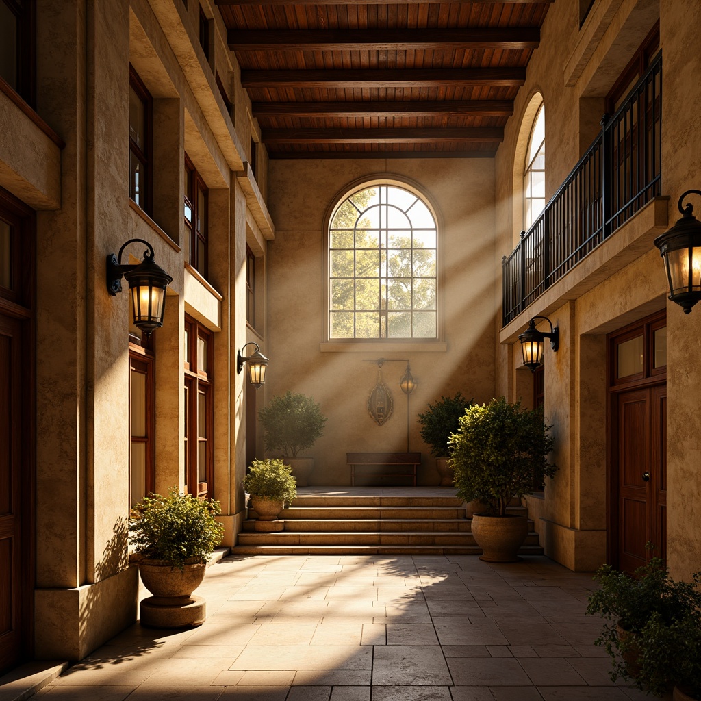 Prompt: Renaissance-style campus, warm golden lighting, ornate metal lanterns, vintage pendant lights, classic sconces, elegant chandeliers, rustic wooden accents, earthy color palette, natural stone walls, arched windows, grand staircases, high ceilings, sophisticated architectural details, afternoon sunbeams, soft ambient glow, subtle shadowing, 1/1 composition, realistic materials, subtle texture overlays.