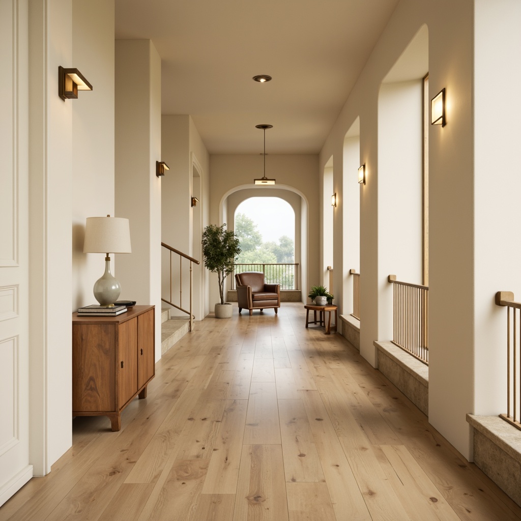 Prompt: Simple hallway, cream-colored walls, polished wooden floors, sleek metal handrails, minimalist decorative lights, sparse greenery, natural stone accents, modern low-profile furniture, subtle textures, soft warm lighting, shallow depth of field, 1/1 composition, panoramic view, realistic renderings, ambient occlusion.