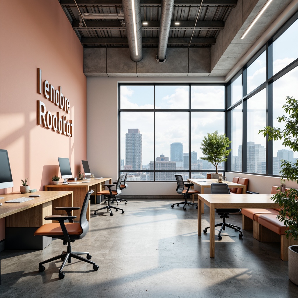 Prompt: Vibrant modern design studio, minimalist workspace, sleek wooden desks, ergonomic chairs, floor-to-ceiling windows, natural light, urban cityscape views, bold typography, pastel color scheme, soft peach tones, calming blue hues, creamy whites, rich charcoal grays, metallic accents, subtle texture overlays, atmospheric lighting, shallow depth of field, 2/3 composition, realistic renderings.