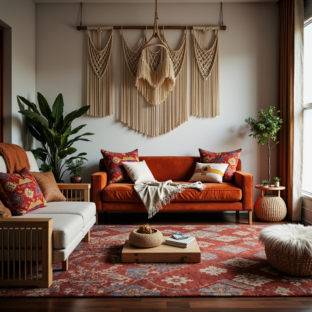 Prompt: Cozy living room, plush area rugs, soft velvet sofas, woven basket chairs, macrame wall hangings, natural fiber throw blankets, vibrant colorful pillows, intricate geometric patterns, luxurious faux fur throws, warm ambient lighting, shallow depth of field, 1/2 composition, realistic textures, ambient occlusion.