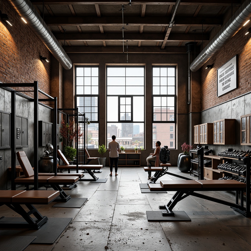 Prompt: Industrial-style home gym, exposed brick walls, metal beams, concrete floors, rustic wooden accents, functional training equipment, steel frames, leather-padded benches, heavy iron weights, kettlebells, medicine balls, pull-up bars, adjustable dumbbells, resistance bands, exercise mats, motivational quotes, industrial-style lighting fixtures, metal cage lockers, urban cityscape views, high ceilings, large windows, natural light, gritty textures, dramatic shadows, bold color schemes, 3/4 composition, shallow depth of field.