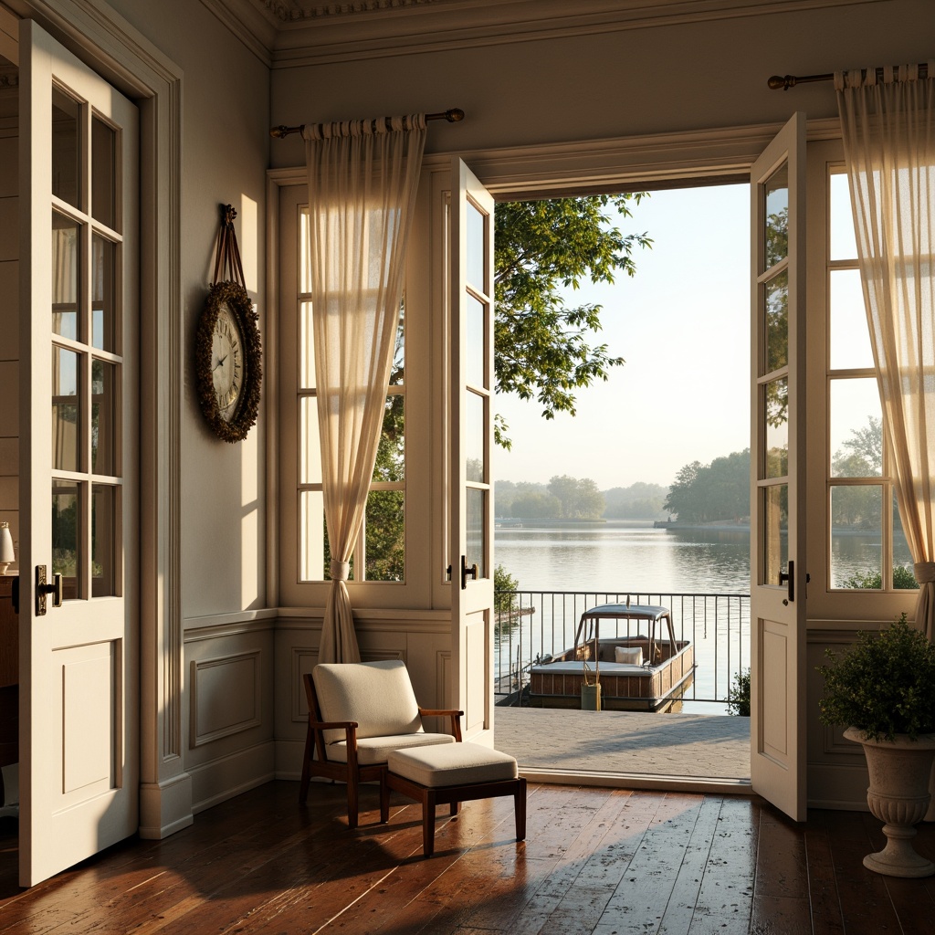 Prompt: Elegant boathouse, neoclassical architecture, white wooden shutters, ornate metal railings, soft billowy curtains, sheer linen drapes, natural woven fibers, rustic nautical ropes, distressed wood accents, vintage marine hardware, warm golden lighting, shallow water reflections, serene lake views, lush greenery surroundings, misty morning atmosphere, subtle color palette, 1/1 composition, symmetrical framing, realistic wooden textures, ambient occlusion.