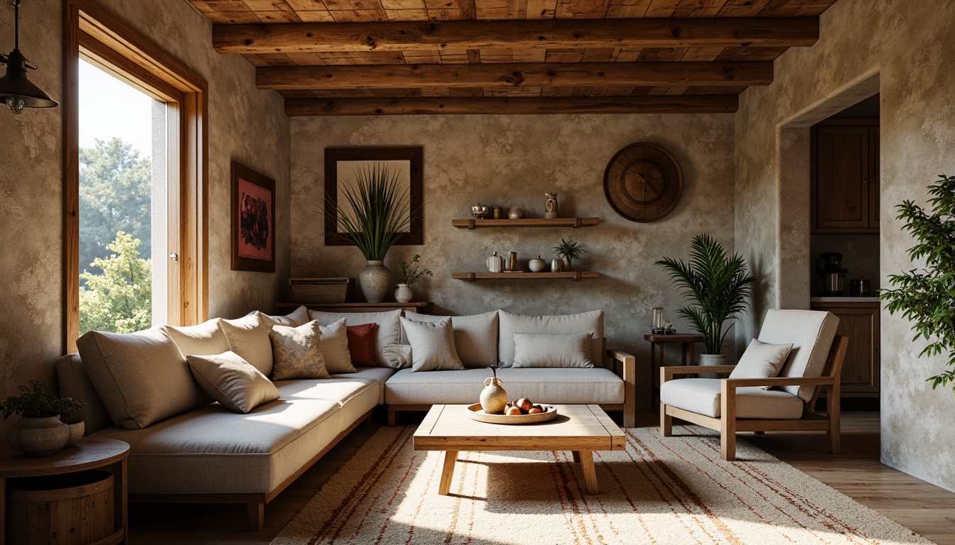 Prompt: Rustic cabin, earthy tones, weathered wood, natural stone walls, vintage metal decor, distressed finishes, warm beige, earth brown, moss green, sky blue, creamy white, soft golden lighting, shallow depth of field, 1/2 composition, cozy atmosphere, realistic textures, ambient occlusion.