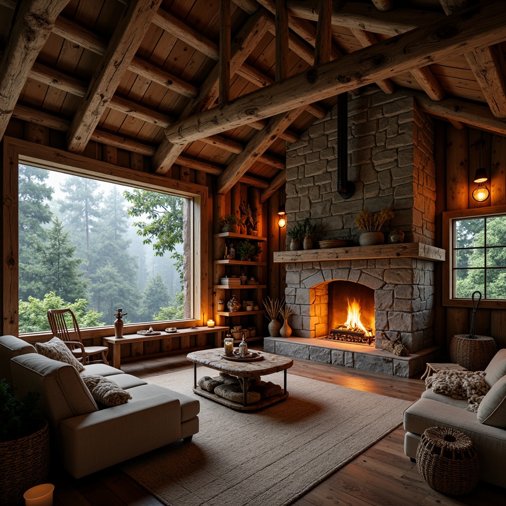 Prompt: Rustic cabin, wooden logs, stone fireplace, earthy tones, natural fabrics, woven textiles, vintage furniture, distressed wood accents, lantern lighting, candlelit ambiance, forest surroundings, dense foliage, misty morning, warm golden light, shallow depth of field, 1/2 composition, cozy atmosphere, realistic textures, ambient occlusion.