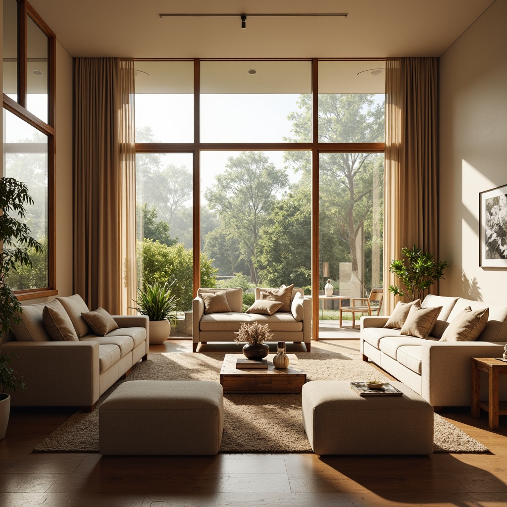 Prompt: Cozy living room, plush sofas, soft cushions, warm wooden coffee tables, ergonomic chairs, natural fiber rugs, calming color palette, abundant natural light, floor-to-ceiling windows, sheer curtains, modern minimalist decor, warm beige walls, comfortable throw pillows, ambient lighting, 1/1 composition, shallow depth of field, realistic textures.