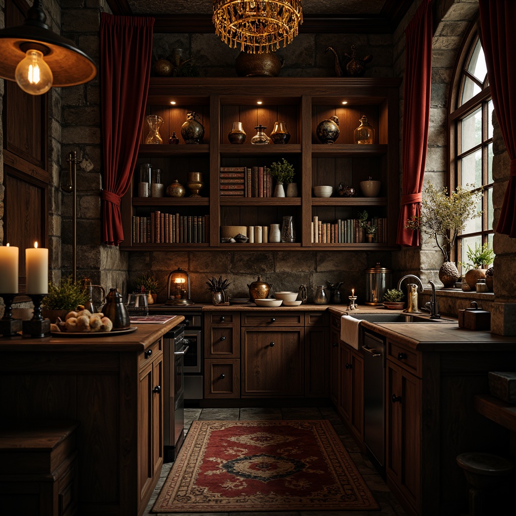 Prompt: Dark wooden cabinetry, ornate metal hardware, distressed stone walls, rich velvet drapes, mystical candles, ancient artifacts, mysterious apothecary jars, vintage kitchenware, worn leather-bound books, rusty old keys, eerie lanterns, dim warm lighting, shallow depth of field, 1/2 composition, cinematic mood, high contrast ratio, realistic textures, ambient occlusion.