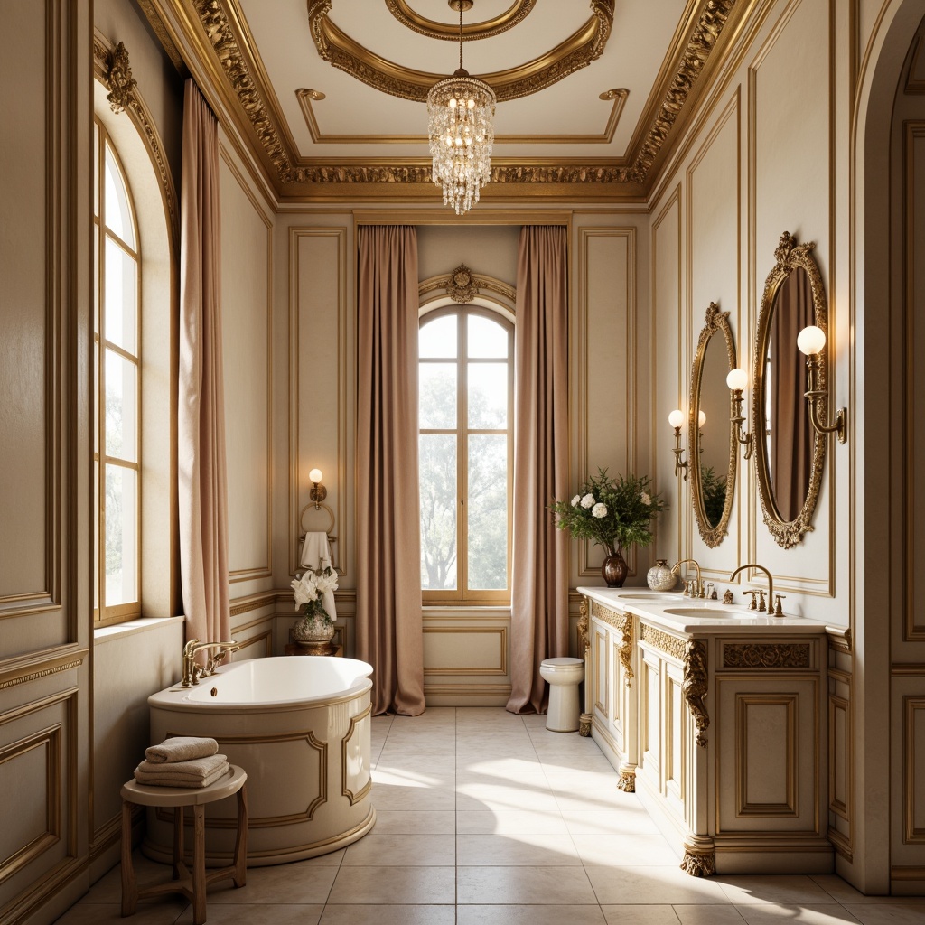 Prompt: Richly ornate powder room, soft warm golden lighting, velvety smooth walls, luxurious silk fabrics, intricate carved wooden furnishings, delicate lace trims, opulent crystal chandeliers, lavish marble countertops, subtle rococo patterns, muted pastel hues, creamy whites, dusty rose tones, pale blues, ivory accents, ornate gilded frames, exquisite porcelain vases, elegant curved lines, highly decorative motifs, dramatic high ceilings, refined sophisticated ambiance.