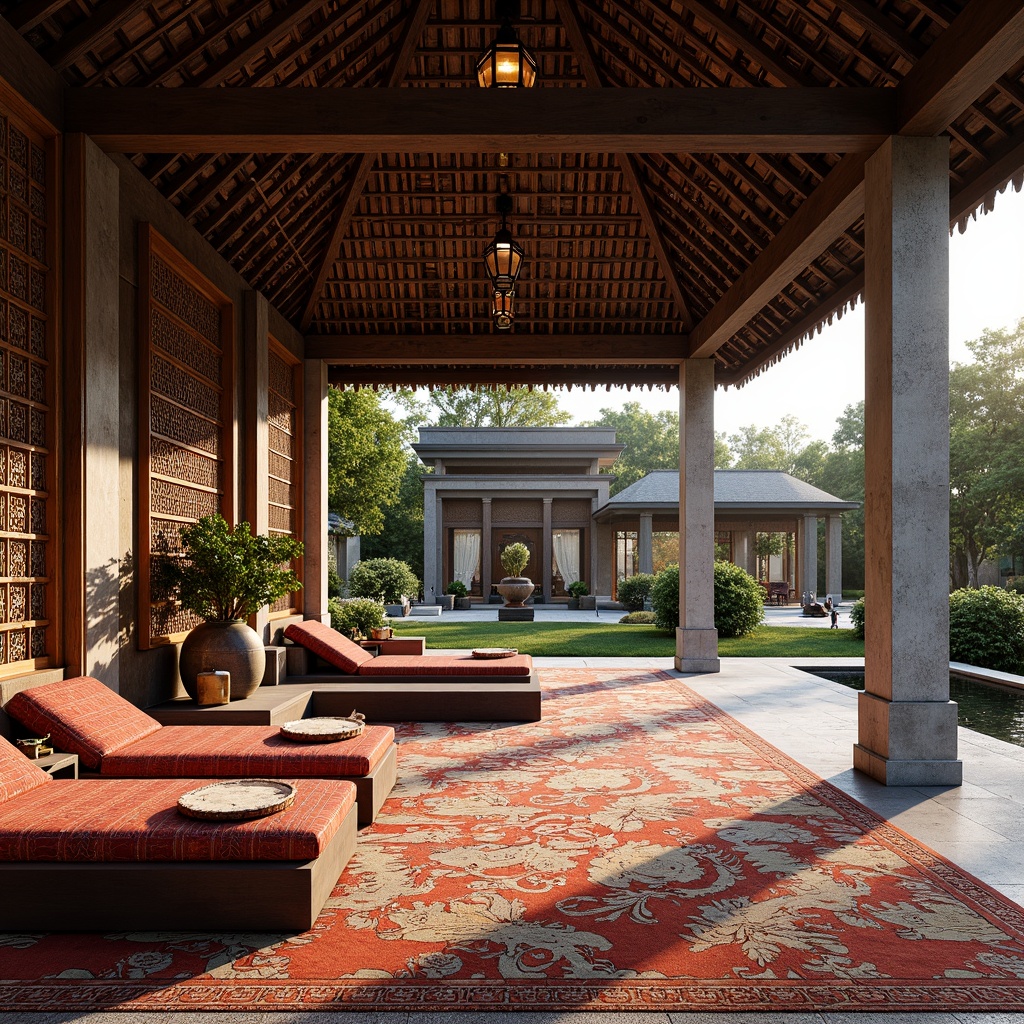 Prompt: Luxurious pavilion, intricately carved wooden accents, ornate silk fabrics, vibrant Asian-inspired patterns, richly textured rugs, majestic stone columns, delicate lanterns, serene water features, lush greenery, natural materials, warm ambient lighting, shallow depth of field, 3/4 composition, panoramic view, realistic textures, subtle color palette.