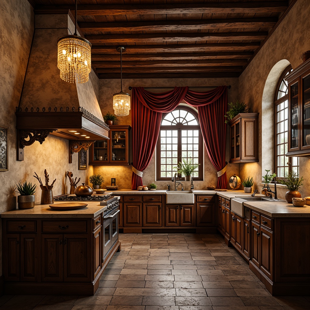 Prompt: Renaissance-style kitchen, ornate cabinetry, warm golden lighting, crystal chandeliers, bronze pendant lights, rustic wooden beams, distressed stone walls, rich velvet drapes, elegant archways, refined metal accents, soft ambient glow, warm candlelight, subtle shadows, 1/2 composition, realistic textures, detailed normal maps.