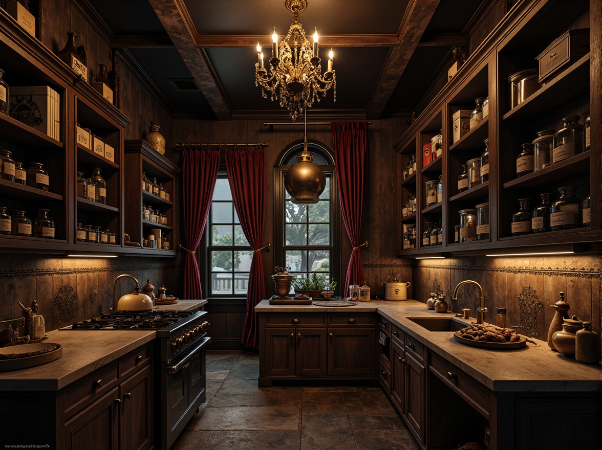 Prompt: Dark pantry shelves, ornate metal brackets, distressed wood cabinetry, vintage hardware, mysterious ambiance, dim warm lighting, rich velvet drapes, antique kitchenware, rusty metal accents, worn stone countertops, eerie shadows, dramatic archways, grandiose chandeliers, luxurious fabrics, intricate carvings, mysterious apothecary jars.