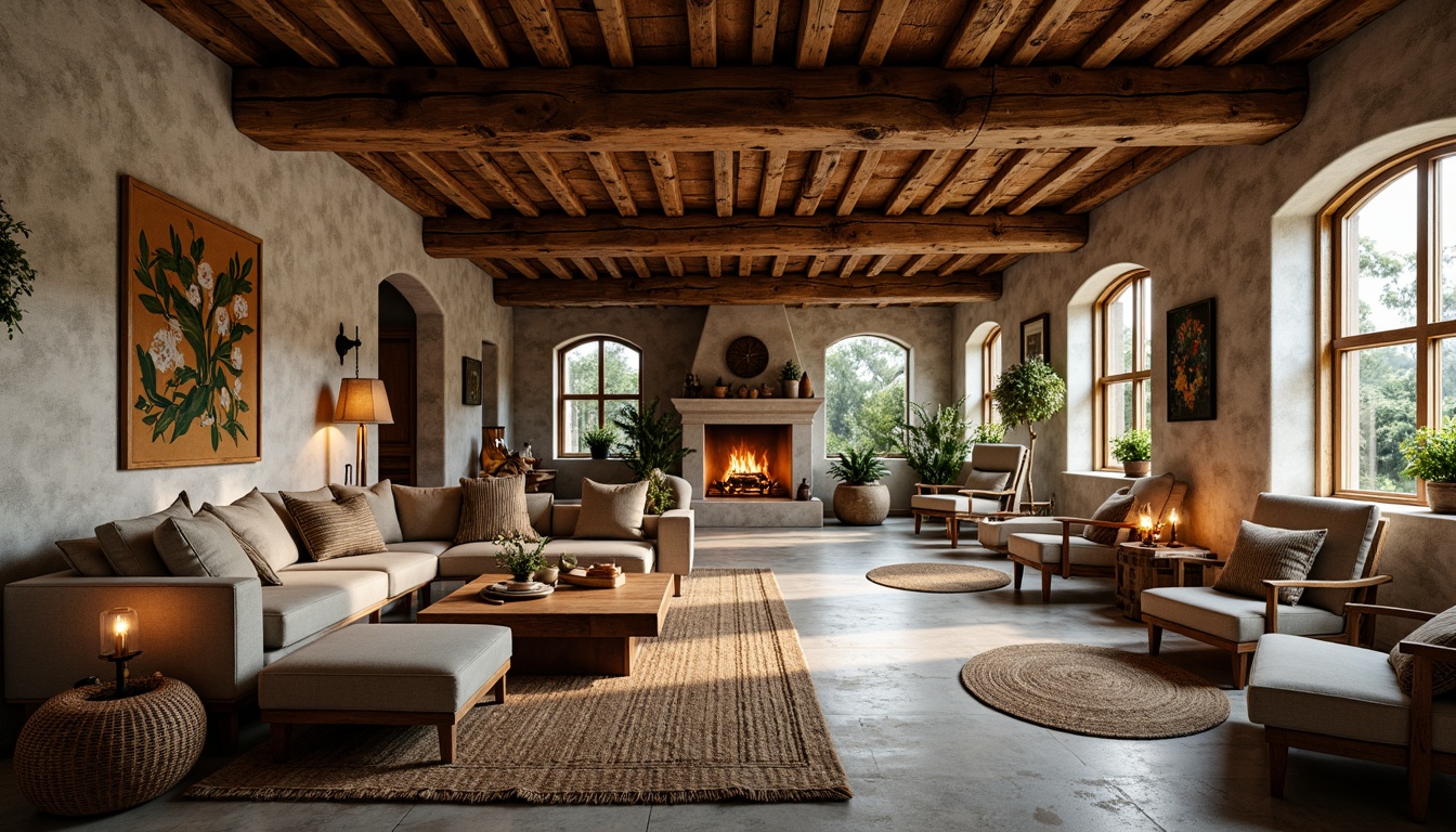 Prompt: Rustic style villa, natural stone walls, earthy tones, wooden accents, distressed finishes, vintage furniture, cozy atmosphere, warm candlelight, rough-hewn wood beams, exposed brick ceilings, stone fireplaces, plush area rugs, woven textiles, botanical prints, soft warm lighting, shallow depth of field, 3/4 composition, panoramic view, realistic textures, ambient occlusion.